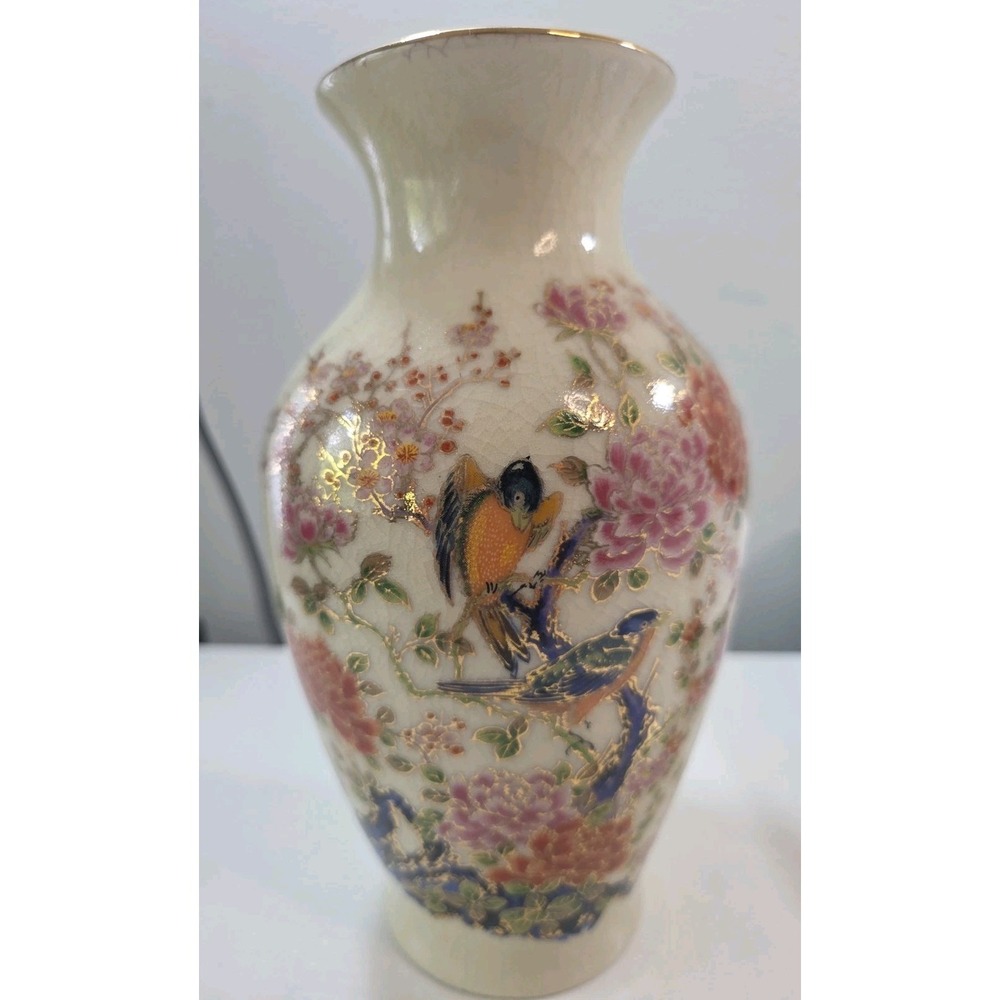 Vintage Japanese Satsuma Porcelain Vase Cherry Blossom & Birds W/ Crazed Glaze